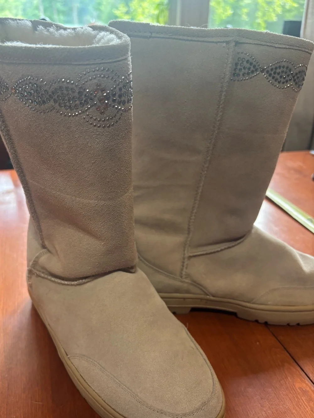 Women's Beige Suede Winter Boots with Crystal Trim